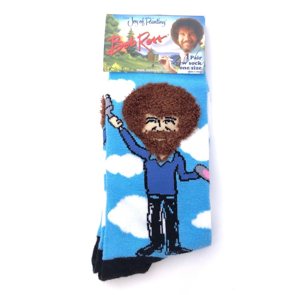 Bob Ross Blue White Happy Clouds Novelty Crew Socks